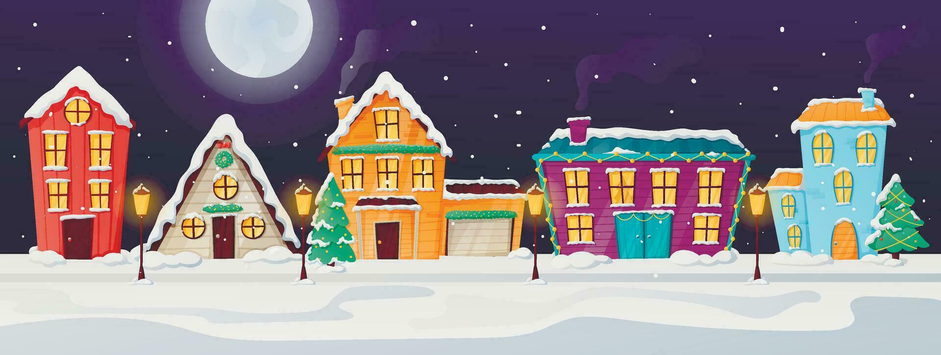 vinter- natt tecknad serie landskap, by eller stad gata med hus och stugor. jul dekorationer, full måne och snöfall. vektor