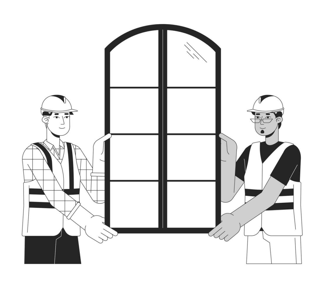 fönster installatörer innehav ram svart och vit 2d linje tecknad serie tecken. olika män konstruktion arbetare isolerat vektor översikt människor. fönster montörer enfärgad platt fläck illustration