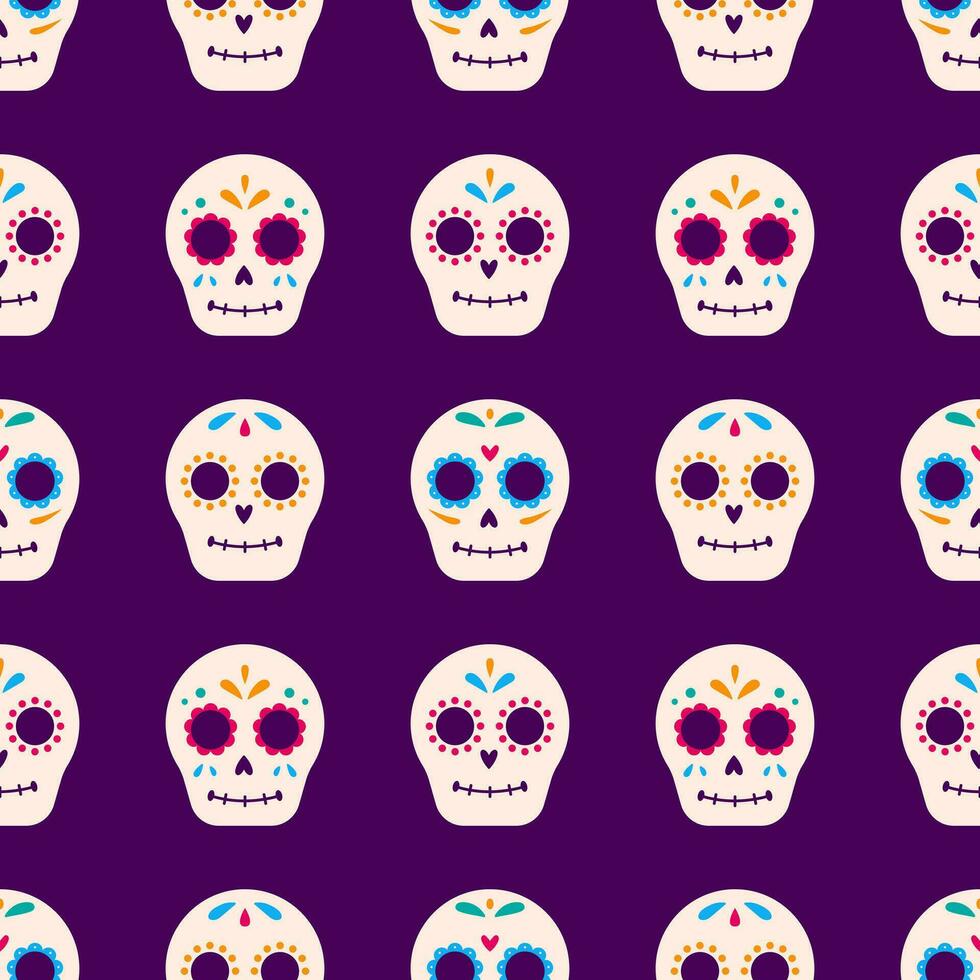 vektor dia de muertos sömlös mönster. mexikansk traditionell socker skallar på lila bakgrund. de dag av de död- firande. omslag design.