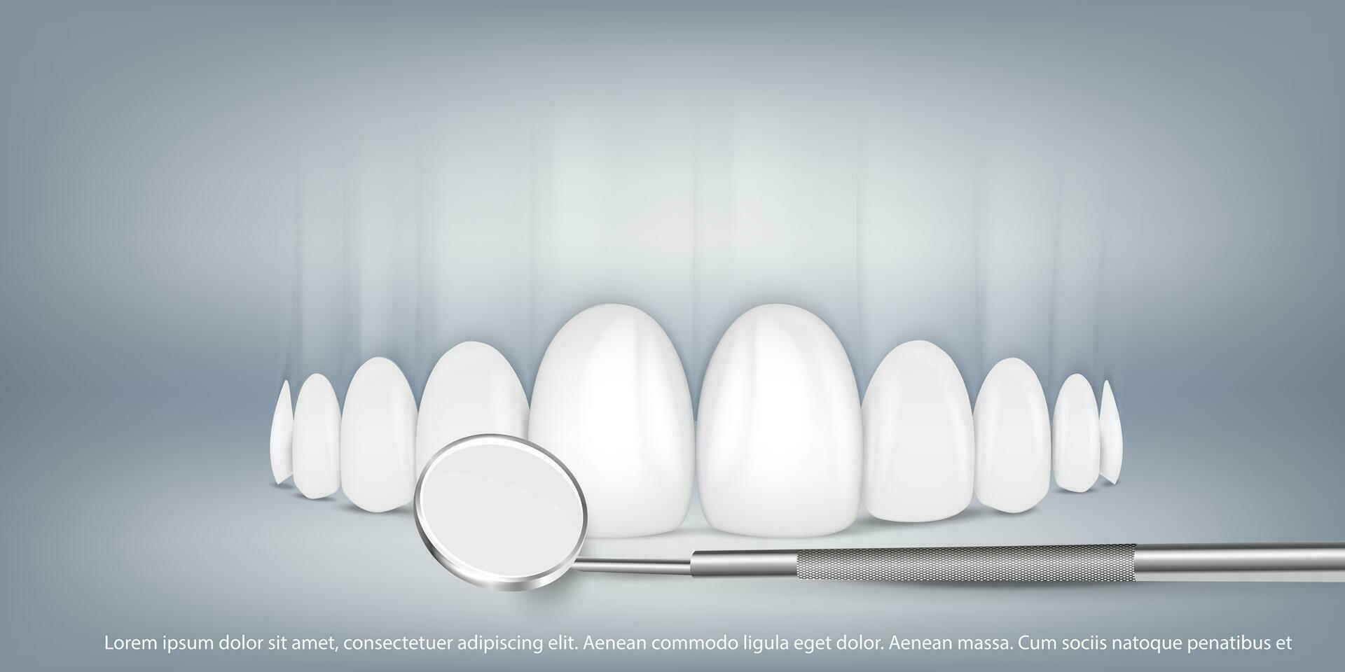 vektor realistisk tänder på en ljus grå bakgrund med en dental instrument spegel