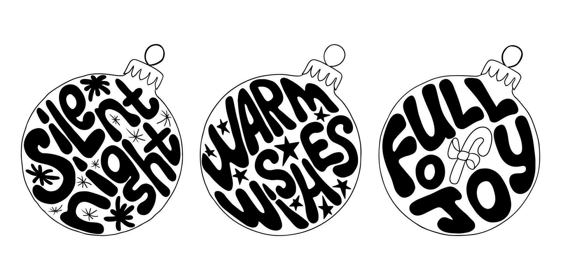 svart och vit häftig jul text i jul bollar. typografisk årgång hippie kompositioner för Skriv ut, klistermärken, dekoration. vinter- Semester slagord i retro hippie hand dragen stil vektor