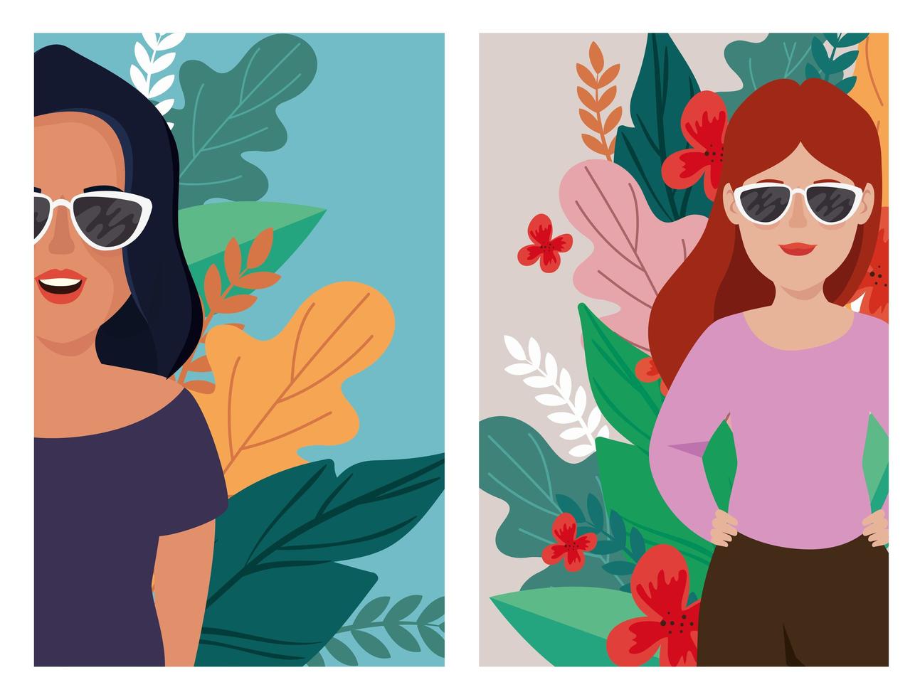 grupp kvinnor med tropiska blad scener avatar karaktär vektor