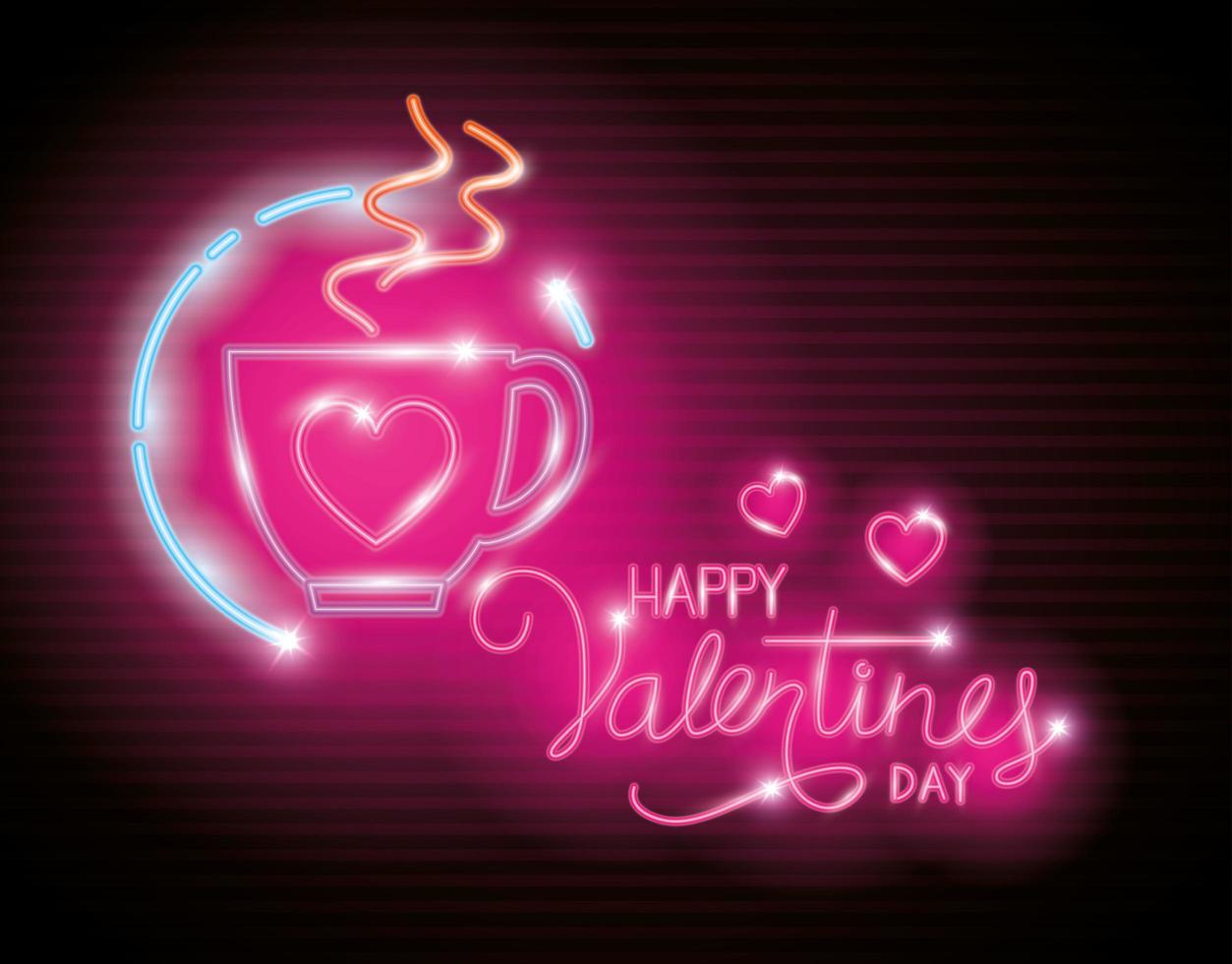 glad alla hjärtans dag med kopp kaffe av neonljus vektor