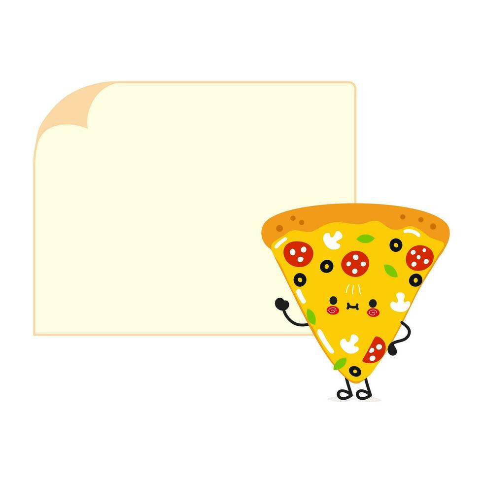 söt rolig skiva av pizza affisch karaktär. vektor hand dragen tecknad serie söt karaktär illustration. isolerat vit bakgrund. skiva av pizza affisch