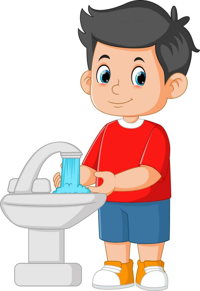 tecknad liten pojke tvätta händerna vektor