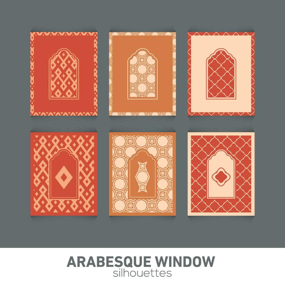 Arabeske Fenster Silhouetten. Vektor Symbol traditionell islamisch Bögen. Arabisch traditionell die Architektur. Ramadan kareem Design Element. geometrisch Ornament Arabisch Muster.