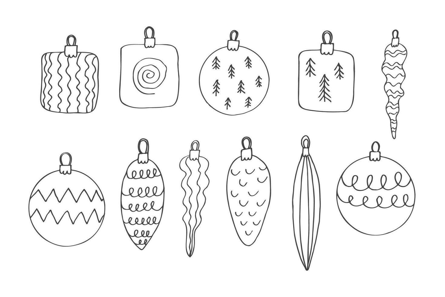 Weihnachten Spielzeuge Gekritzel einstellen minimalistisch Stil Vektor Illustration. Tinte gezeichnet festlich Spielzeug Bälle Vorlage zum Herzliche Glückwünsche Winter Feiertage. Boho Stil Hintergrund Design Element zum drucken, Karte, Papier