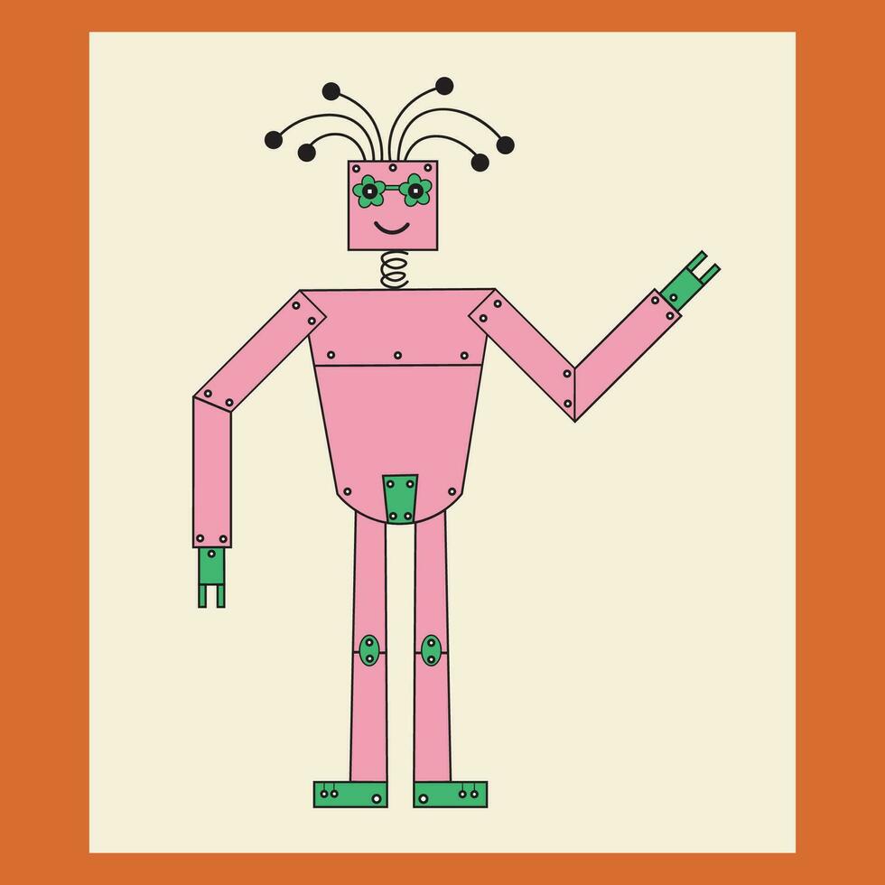 komisch Roboter eben Vektor Illustration im Karikatur Stil. nett Maschine ähnlich ein Mensch mit Brille zum Karte, drucken, Design, Papier, Poster, Symbol. Hand gezeichnet freundlich Jahrgang Cyborg Charakter