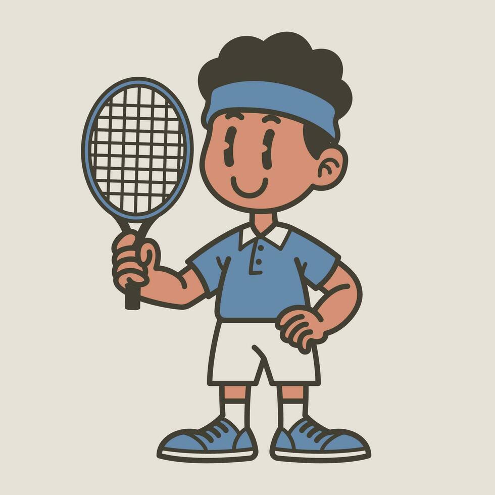 glücklich Tennis Spieler Karikatur im Jahrgang retro Stil vektor