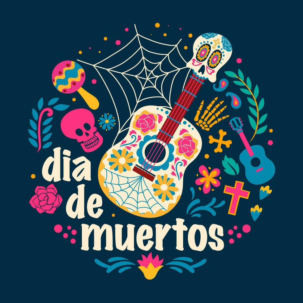 dia de los muertos hälsning design med gitarr vektor