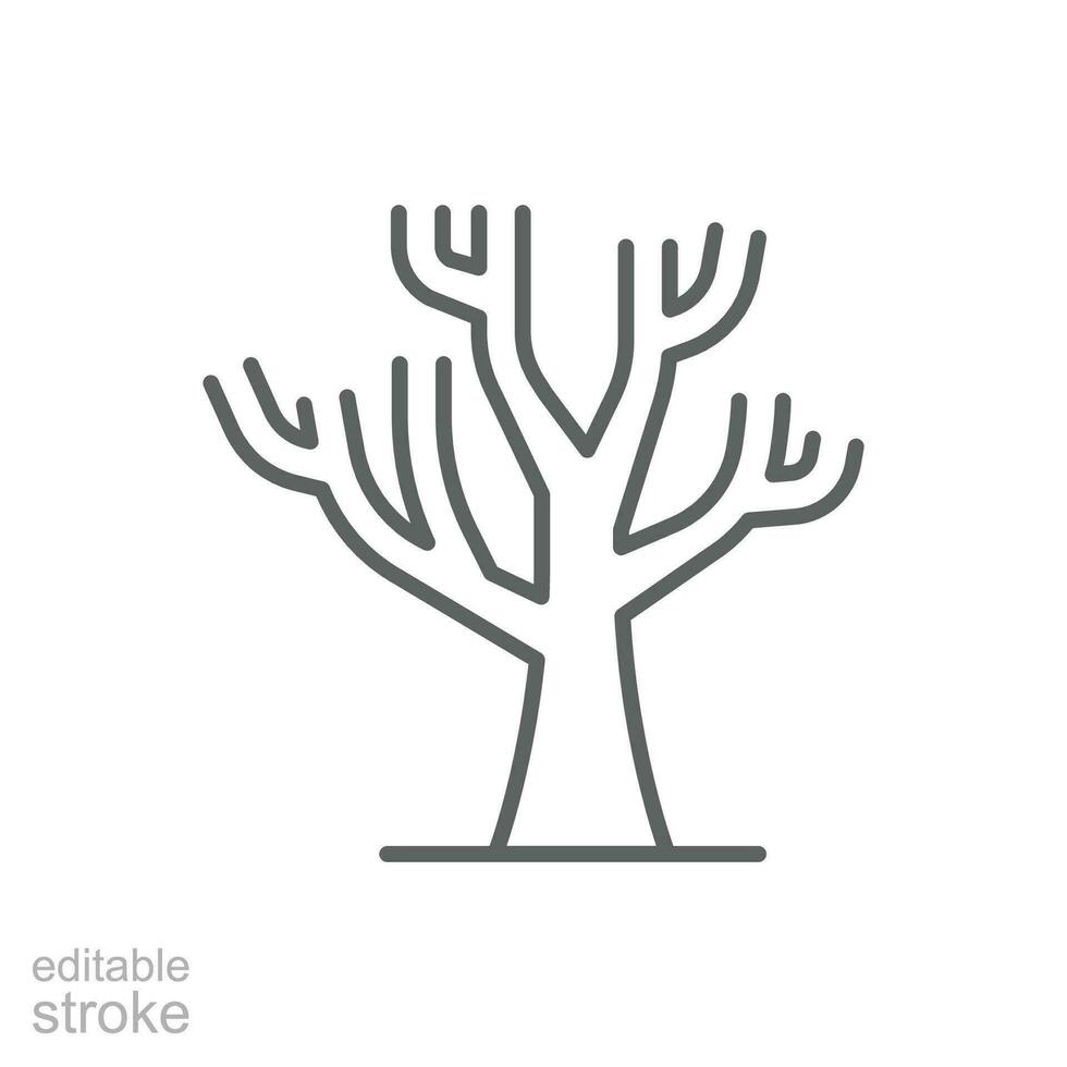 tot Baum Symbol. einfach Gliederung Stil. trocken Baum, blattlos, Stamm, alt Holz, Natur Konzept. dünn Linie Symbol. Vektor Illustration isoliert. editierbar Schlaganfall.