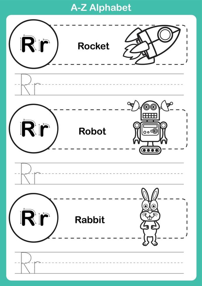 alfabetet az övning med tecknad ordförråd för målarbok vektor