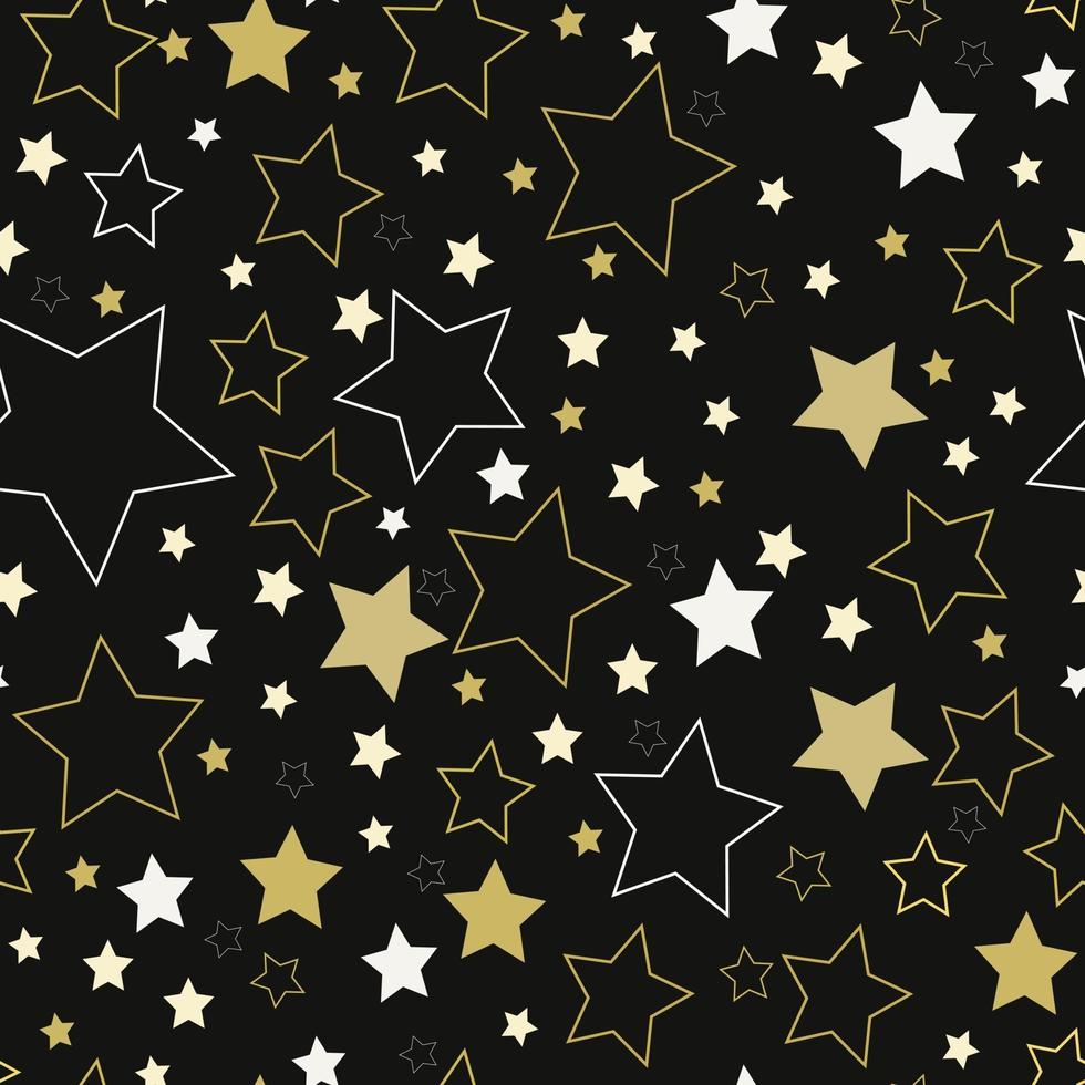 goldene weiße leuchtende Sterne in zufälliger Reihenfolge gegen den Nachthimmel. vektor