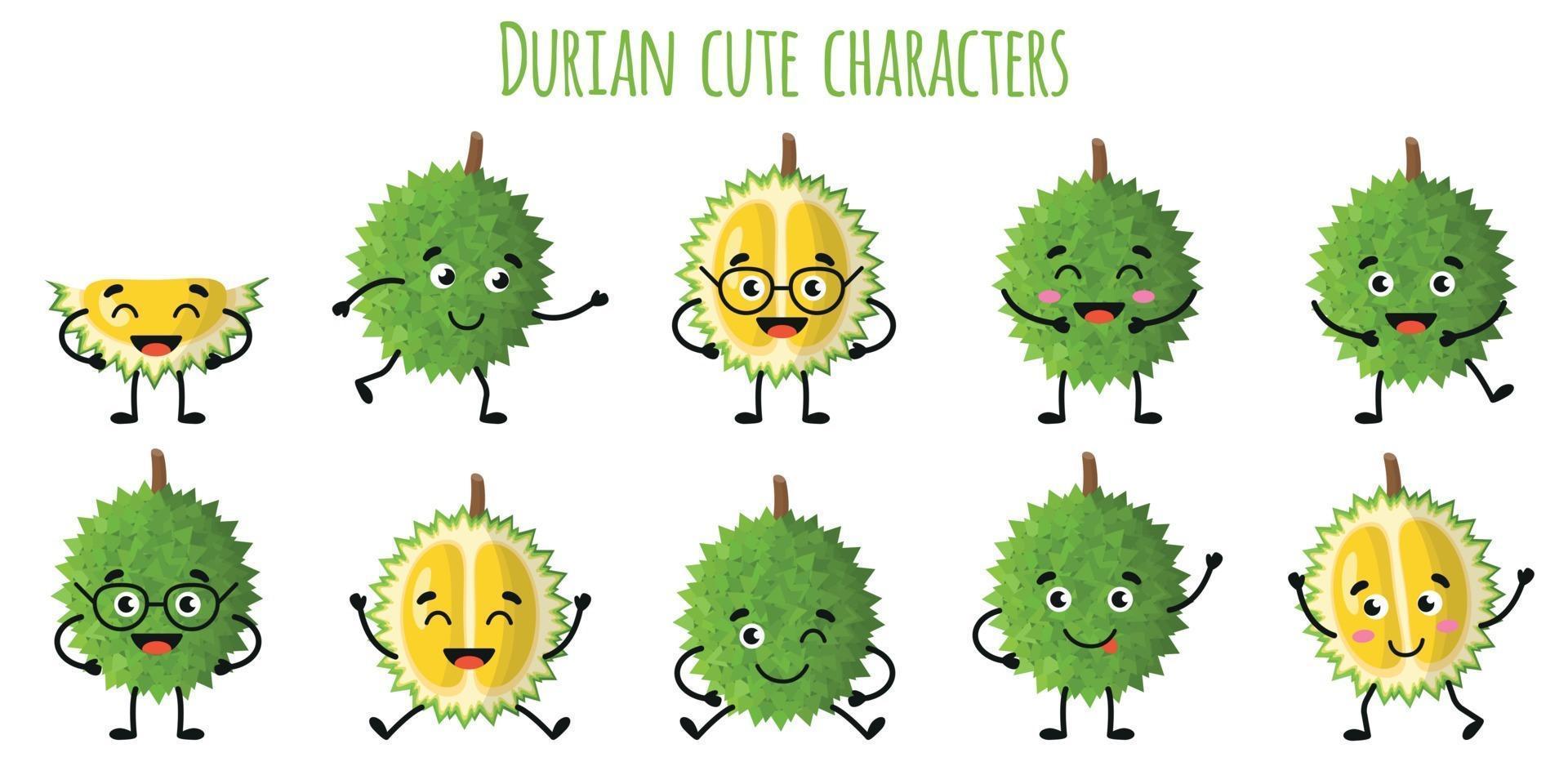 durian frukt söta roliga karaktärer med olika känslor vektor