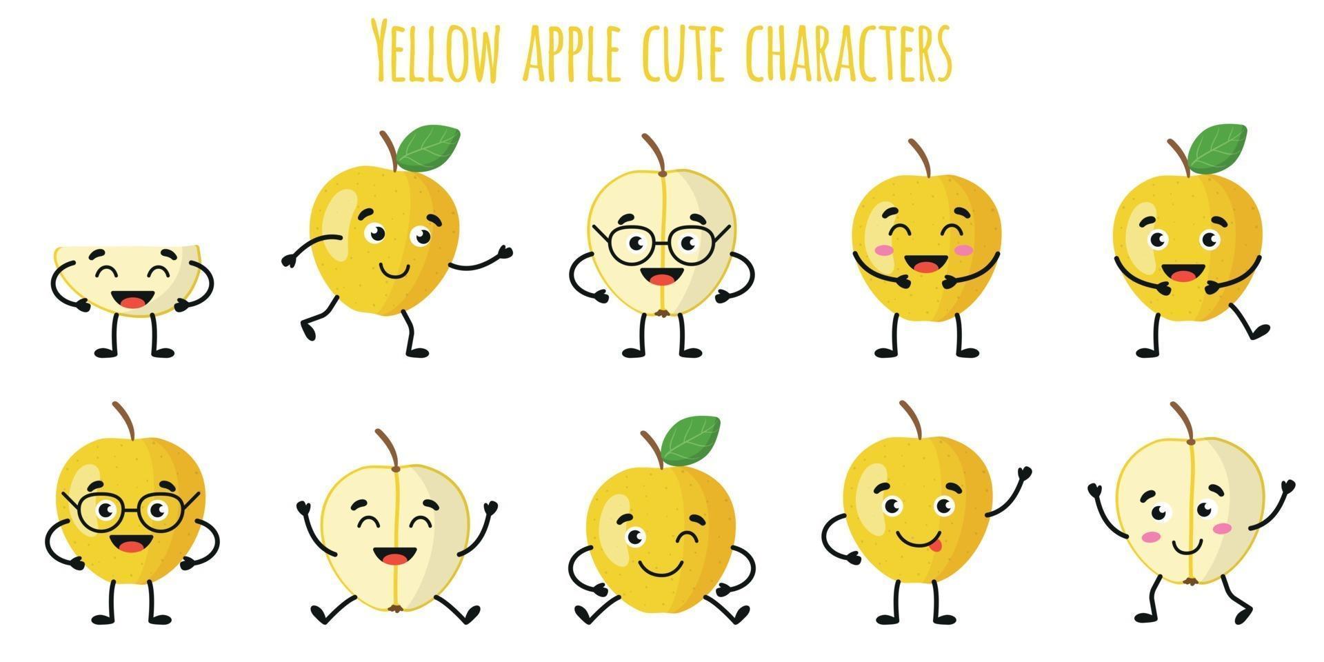 gul äppelfrukt söta roliga karaktärer med olika känslor vektor