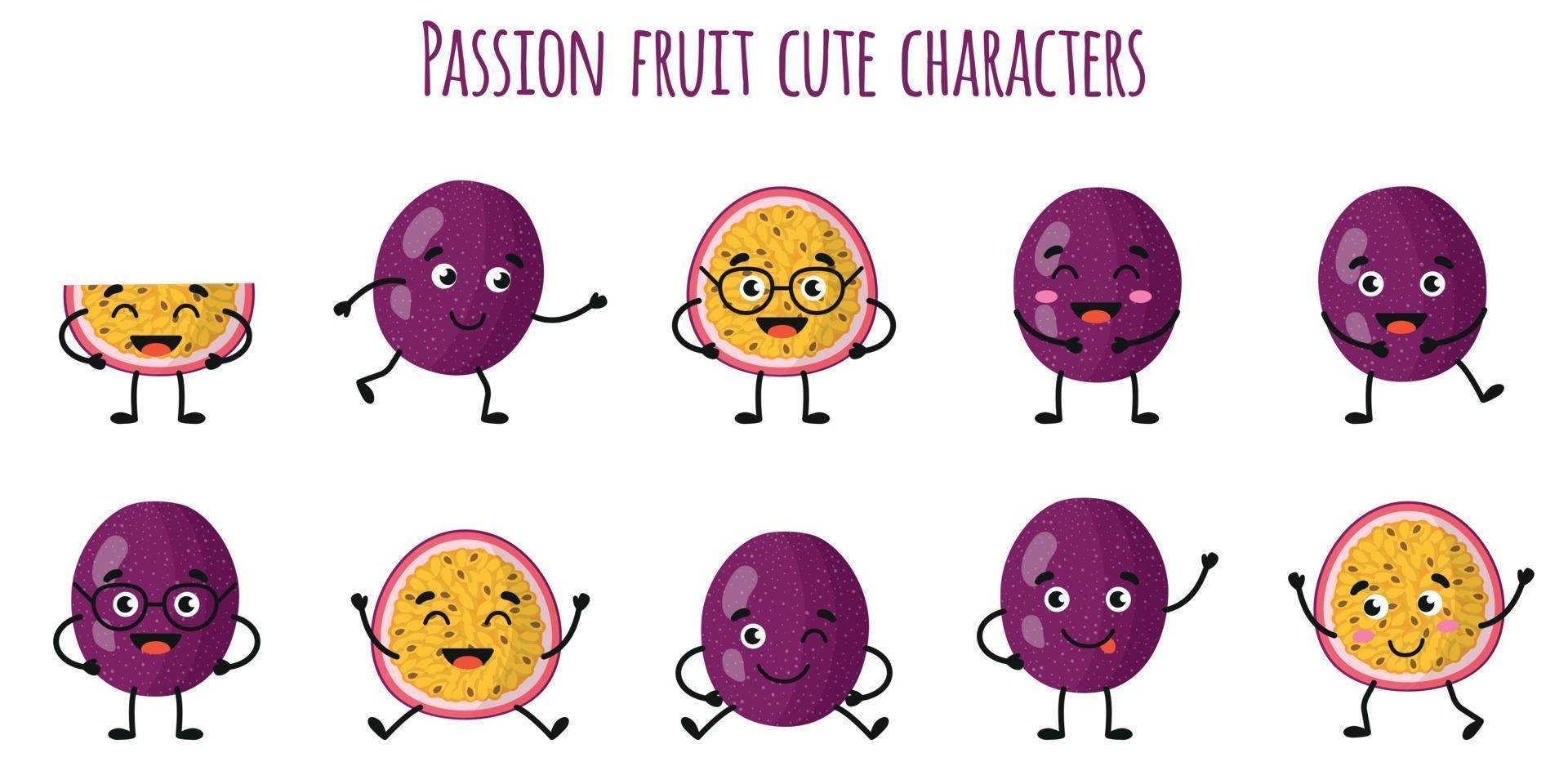 Passionsfrucht süße lustige Charaktere mit verschiedenen Emotionen vektor