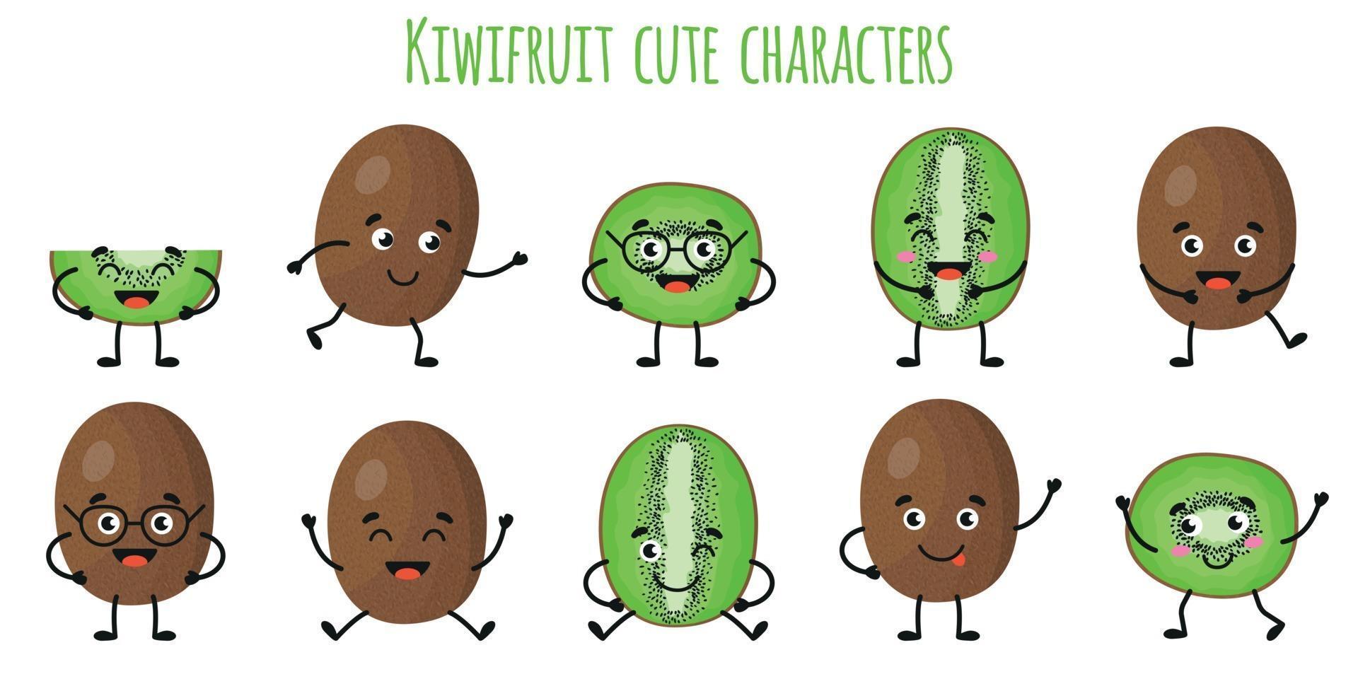 kiwifrukt frukt söta roliga karaktärer med olika känslor vektor