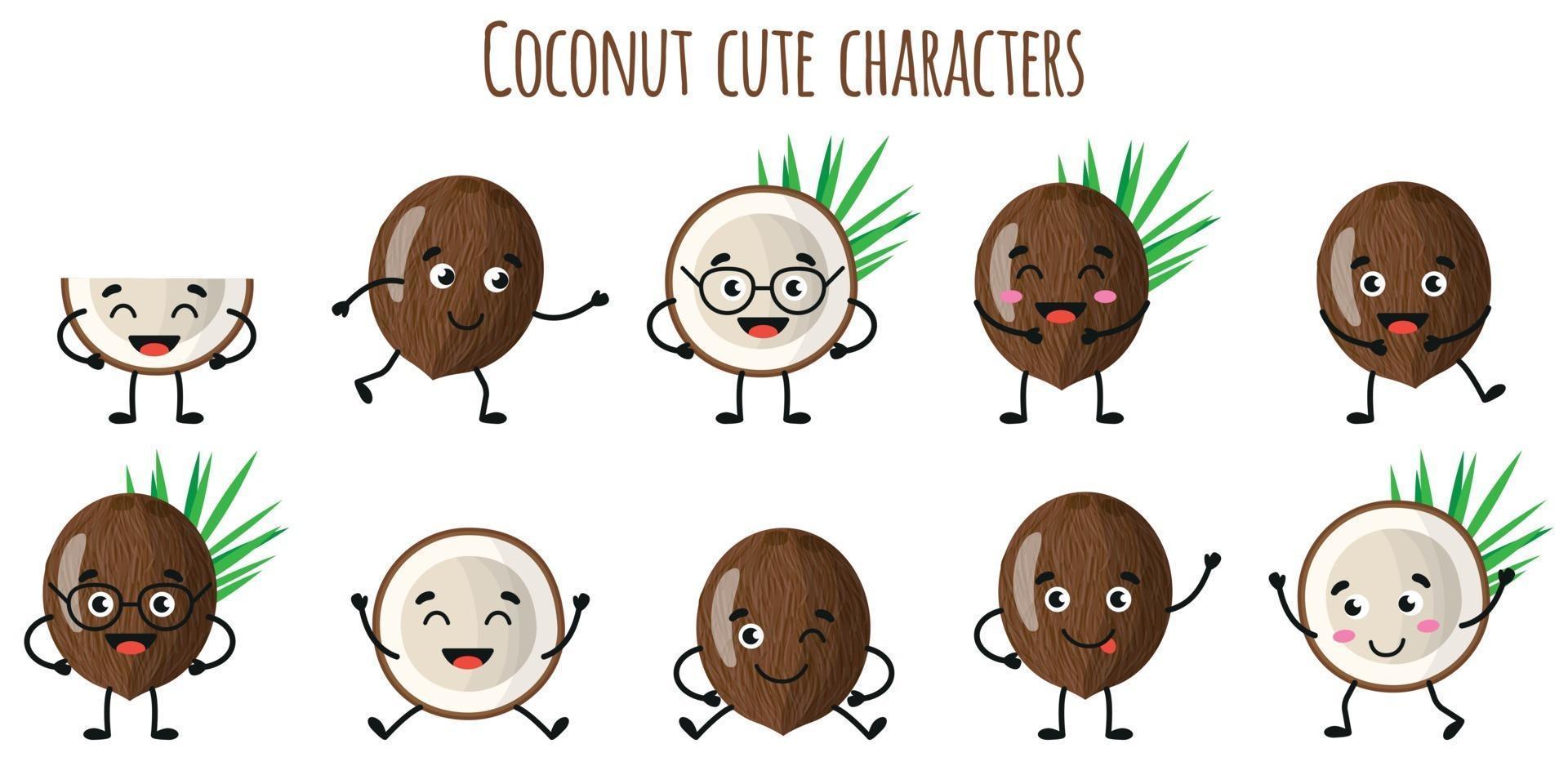 Kokosnussfrucht süße lustige Charaktere mit verschiedenen Emotionen vektor