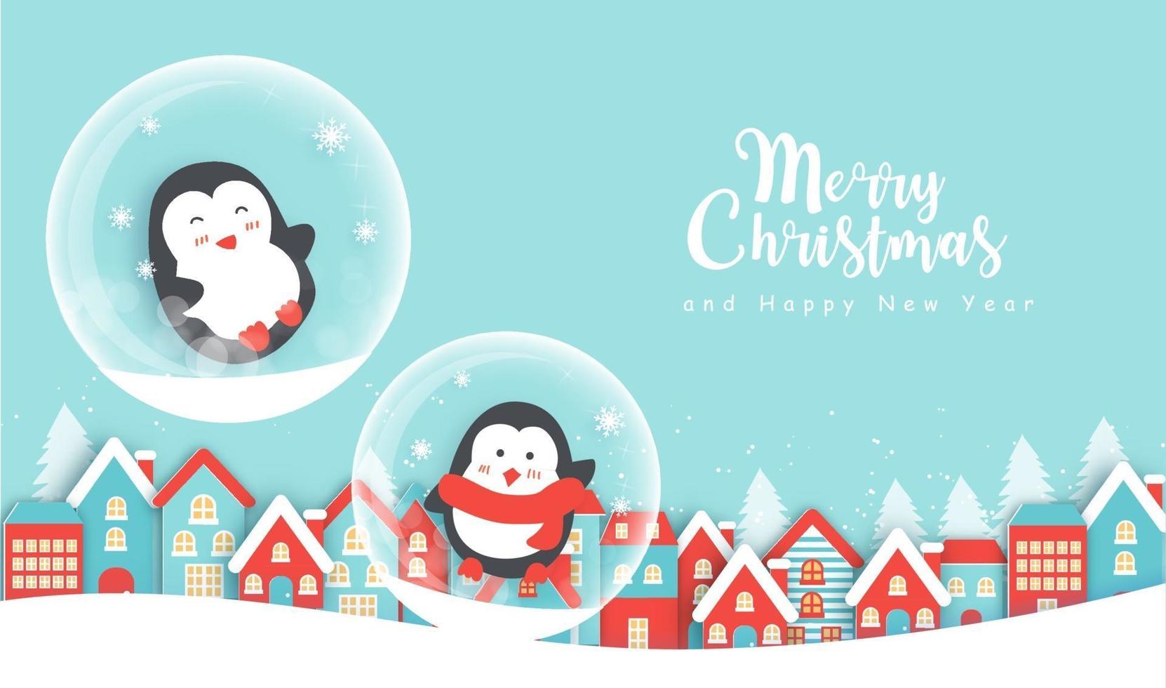 jul med söta pingviner i snöbyn. vektor