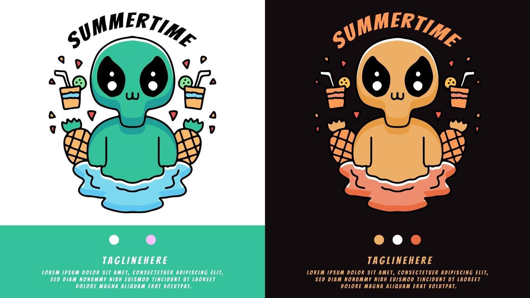 sommer alien schwimmen mit ananas und trinken. Illustration für T-Shirt vektor