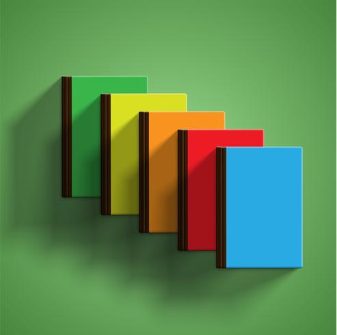 Realistiska färgglada böcker med grön bakgrund och skugga, vektor illustration