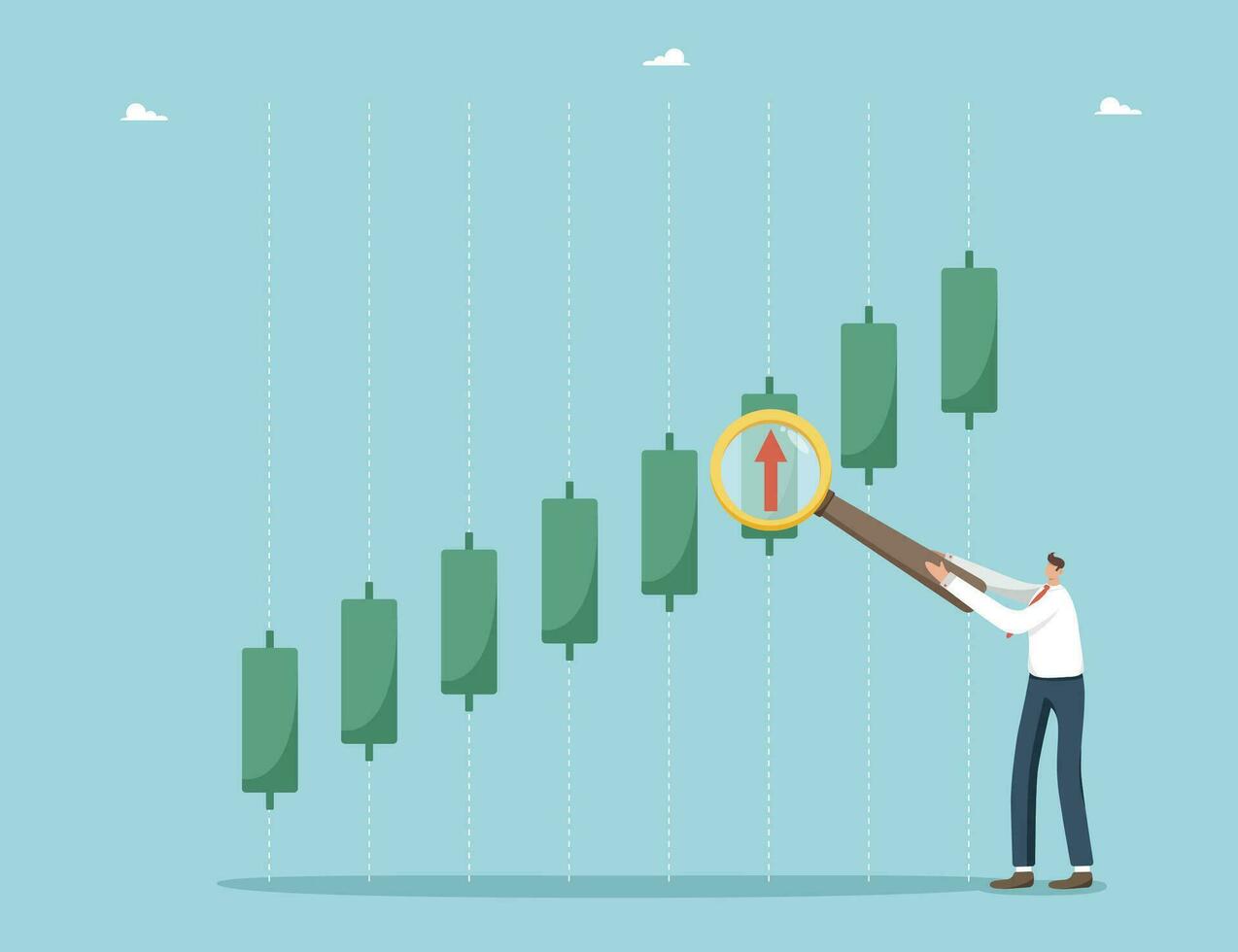 uppkopplad handel och kryptovaluta transaktioner, valuta utbyta, internationell investeringar, stock handel, finansiell analys och stock marknadsföra övervakning. man poäng förstoringsglas på stock marknadsföra Diagram. vektor