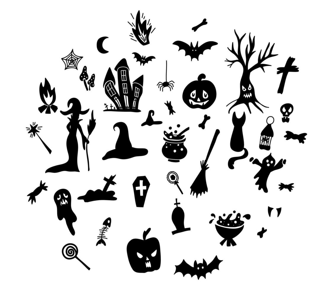 handritade halloween traditionella symboler. vektor