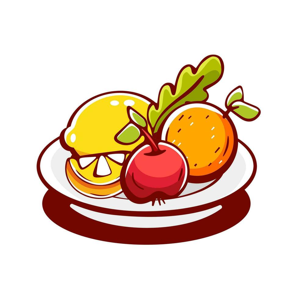 vektor citron, orange, äpplen på en tallrik i tecknad serie stil.
