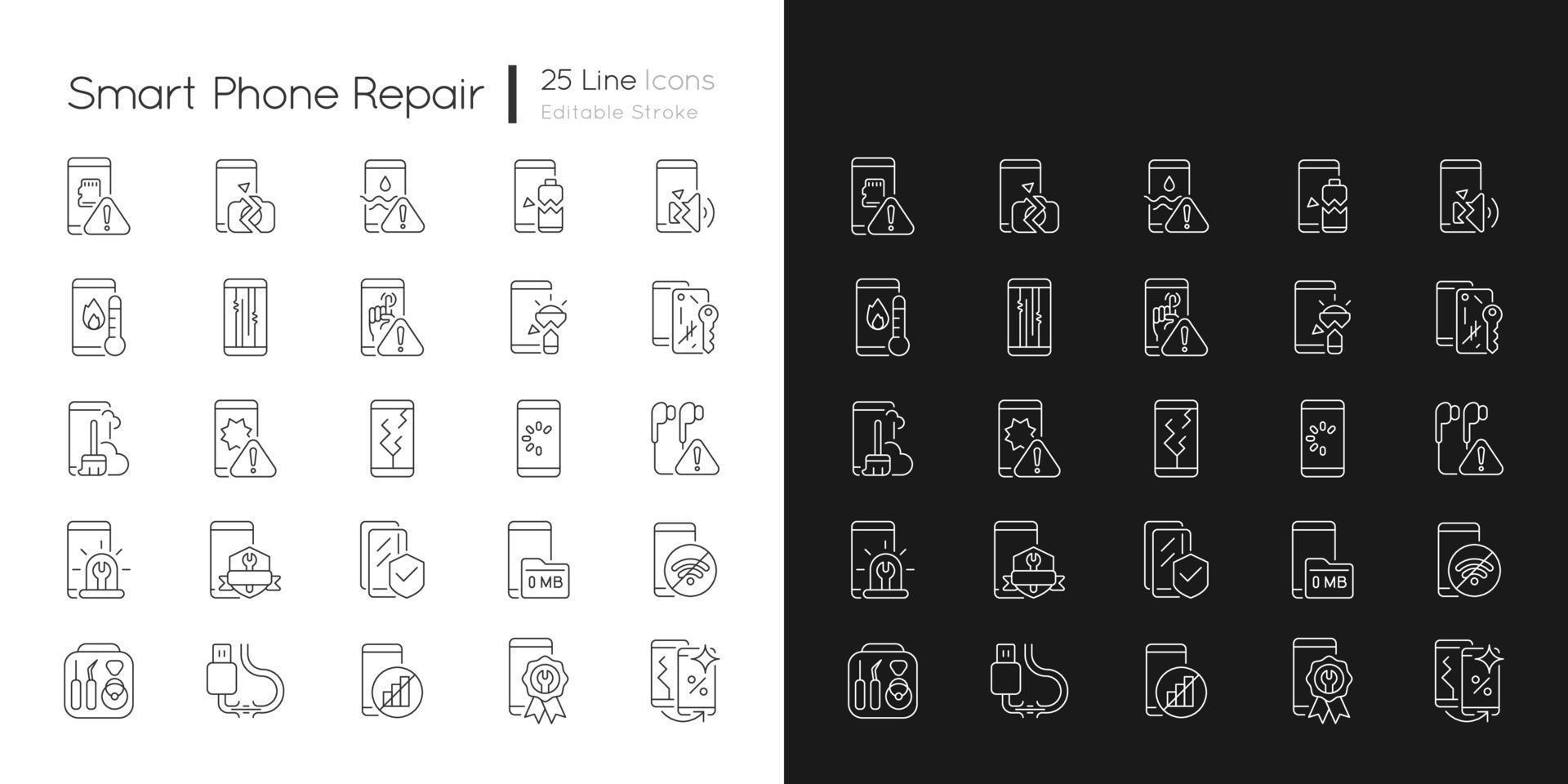 smartphone reparation svarta linjära ikoner för mörkt och ljust läge vektor