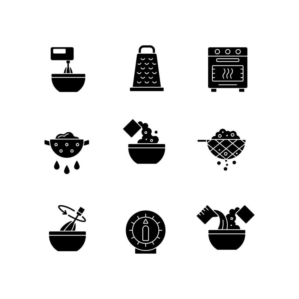 Lebensmittelkochanleitung schwarze Glyphensymbole auf weißem Raum vektor