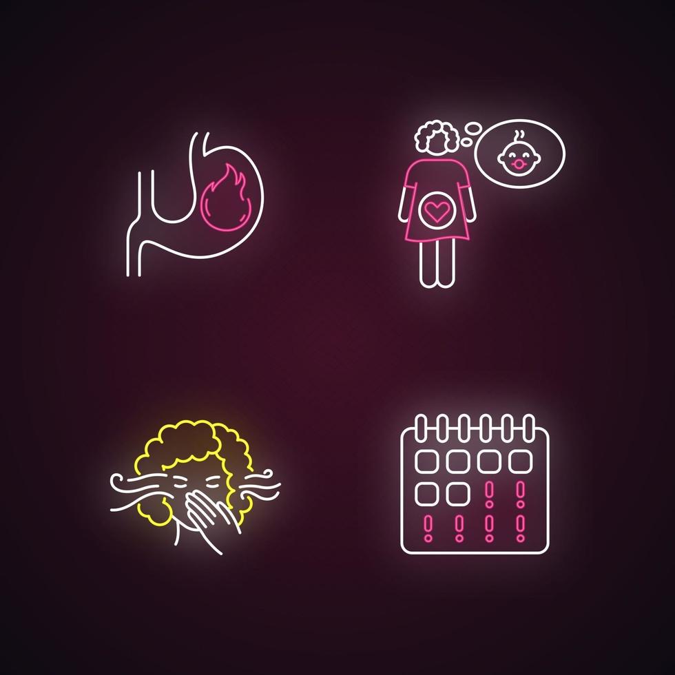 Neonlichtsymbole für Frühschwangerschaftssymptome gesetzt vektor