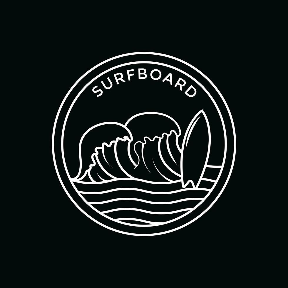 linje konst surfingbräda strand med cirkel form för surfa surfare surfing stämpel märka logotyp design idéer vektor