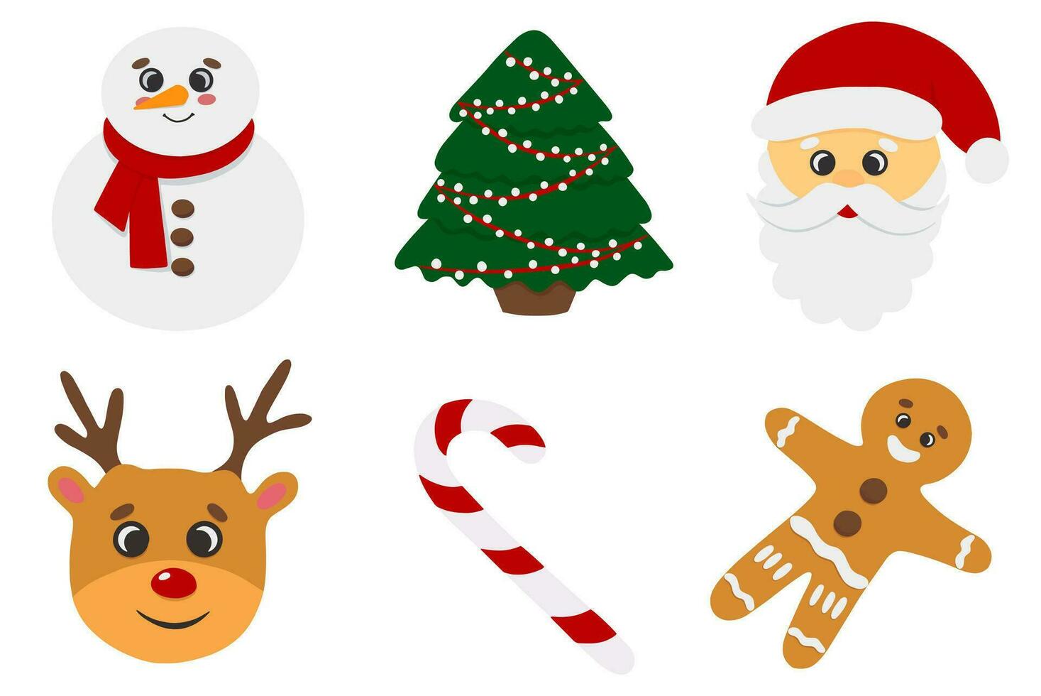 Weihnachten einstellen von Vektor Illustrationen, Santa Klaus, Weihnachten Baum, Lebkuchen Mann, Weihnachten Lutscher, Weihnachten Reh, Schneemann, fröhlich Weihnachten Aufkleber