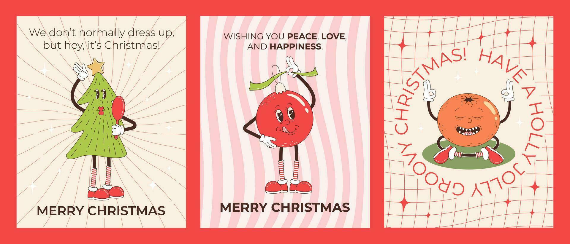 uppsättning av retro tecknad serie jul hälsning kort med text-jul träd, jul boll, mandarin. glad jul affisch uppsättning i trendig häftig hippie stil. vektor