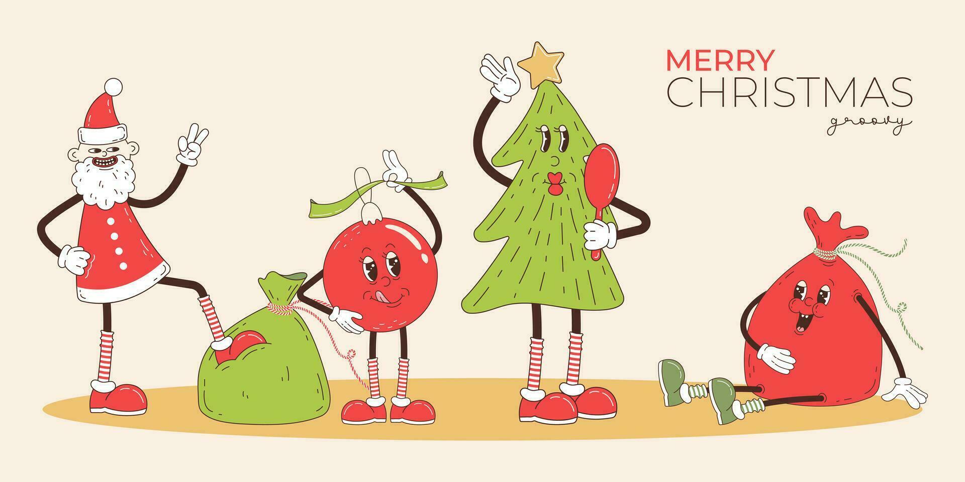 einstellen von retro Karikatur Charaktere-Weihnachtsmann, Weihnachten Baum, Geschenk Tasche. fröhlich Weihnachten und glücklich Neu Jahr im modisch groovig Hippie Stil. vektor