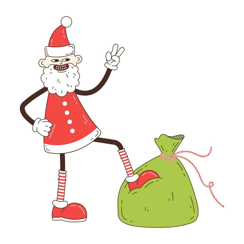 retro Karikatur Santa Charakter. fröhlich Weihnachten und glücklich Neu Jahr im modisch groovig Hippie Stil. vektor