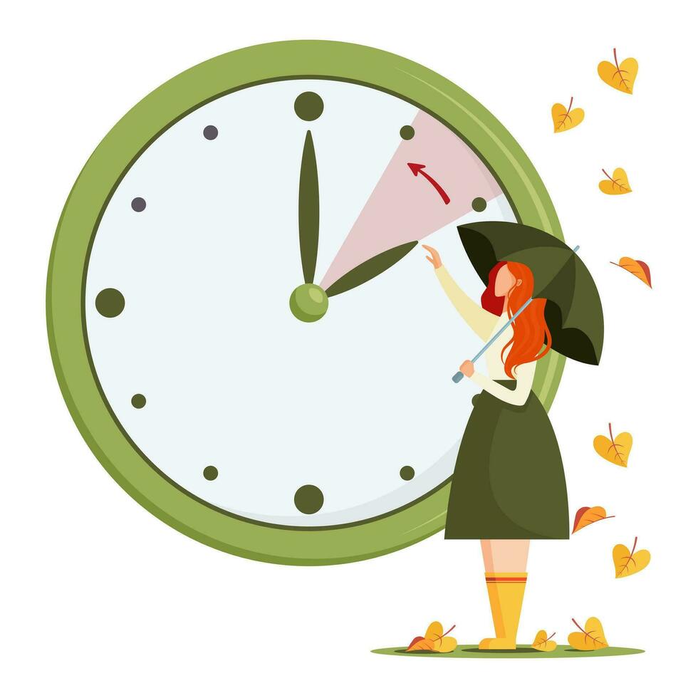 Tageslicht Speichern Zeit Konzept. Herbst Landschaft mit jung Frau mit Grün Regenschirm, das Hand von das Uhren drehen zu Winter Zeit. Vektor Illustration im modern eben Stil.