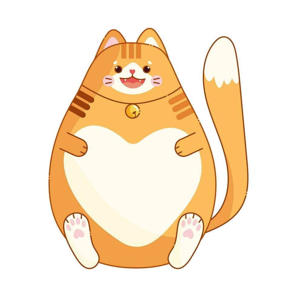 kawaii rot Katze Charakter im Karikatur Stil. lächelnde Katze mit Herz gestalten Bauch. Sitzung Fett Katze. vektor