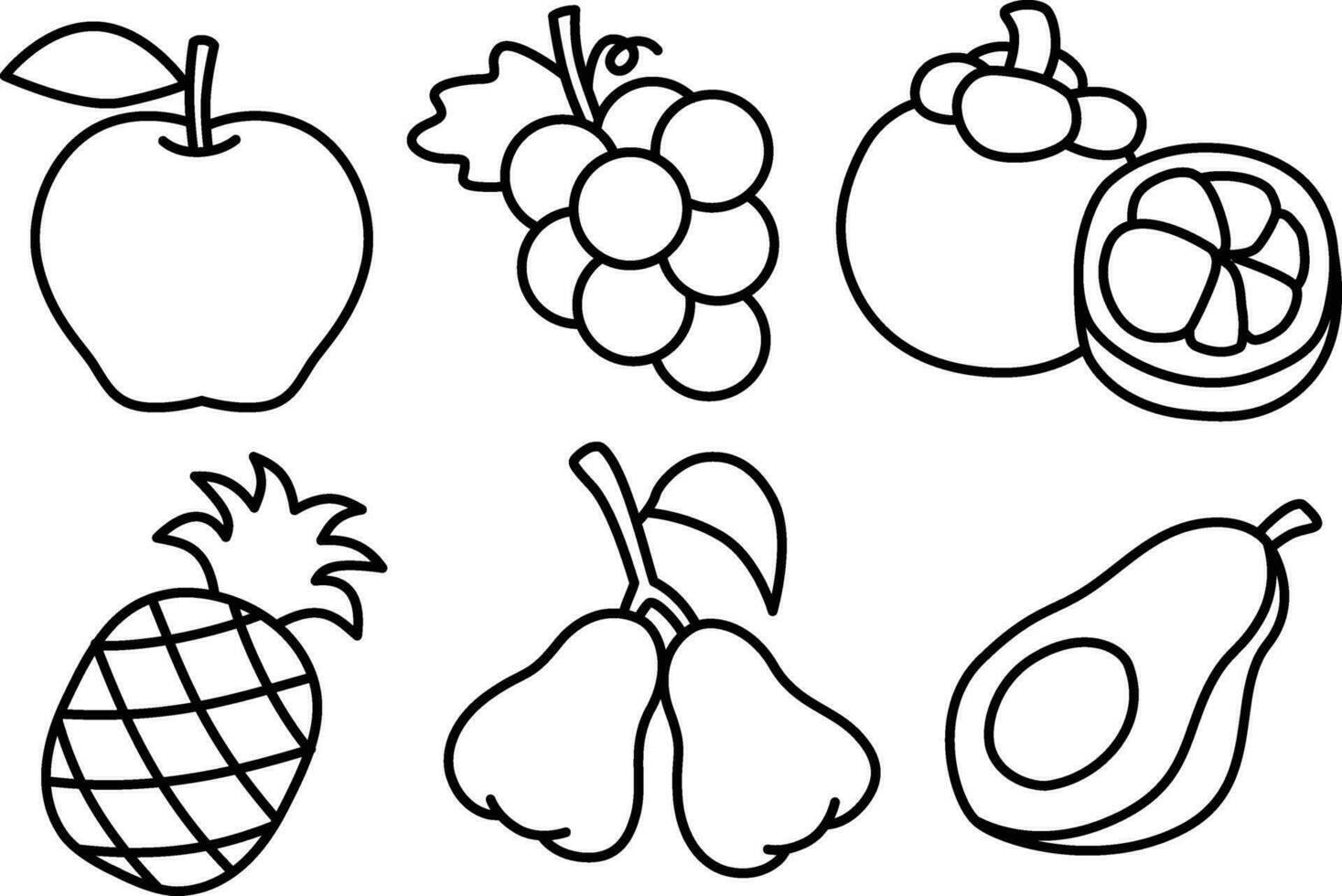 Früchte mit schwarz isoliert Linie Design. ein Apfel, Trauben, ein Avocado, ein Ananas, ein Guave, und ein Mangostan Vektor Illustration Design.