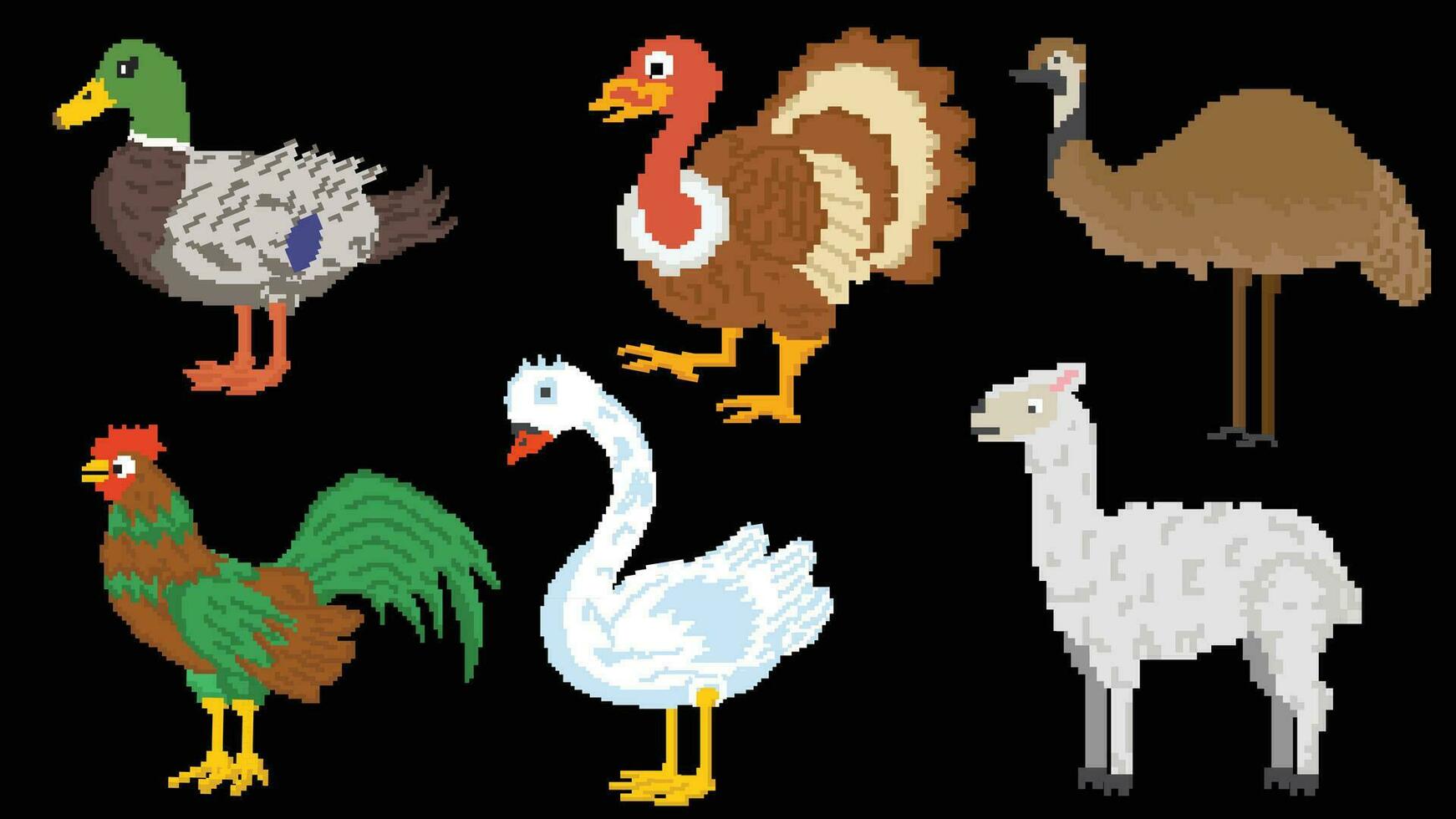 Bauernhof Tiere entworfen basierend auf 8 bisschen Größe. geeignet zum Ihre Spiel Vermögenswerte, Hahn, Alpaka, Ente, Truthahn und Emu vektor