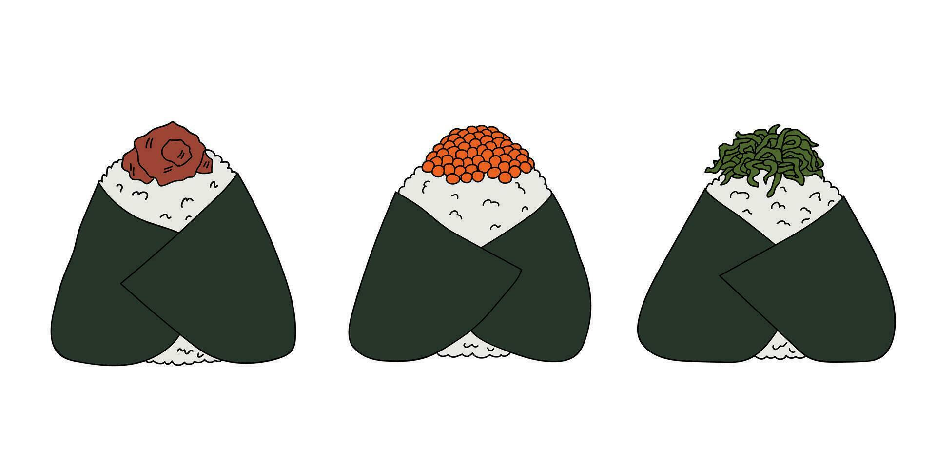 handgezeichnetes Onigiri-Clipart-Set. japanisches fastfood aus reis. Reisbällchen in Nori-Algen vektor