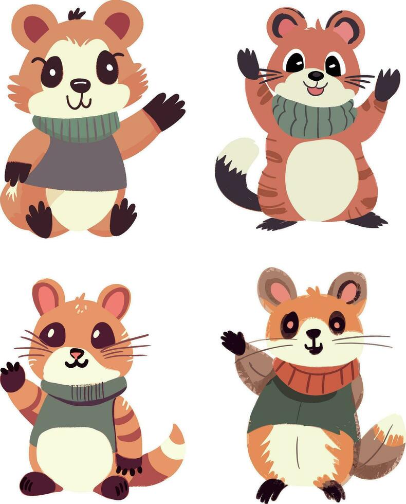 uppsättning av söt liten röd panda i värma kläder. vektor illustration