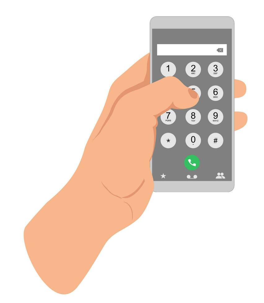 wählen Nummer Konzept. Benutzer Schnittstelle Tastenfeld zum Smartphone. Mann halten das Telefon mit Tasten auf das Handy, Mobiltelefon Telefon Bildschirm zu machen ein Telefon Anruf Tastatur Vorlage im Berührungssensitiver Bildschirm Gerät. Vektor