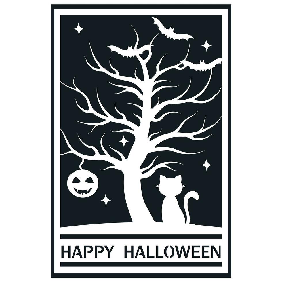 ein Halloween Gruß Karte. Vektor Illustration mit ein düster Baum und ein schwarz Katze. Design zum Vorlagen