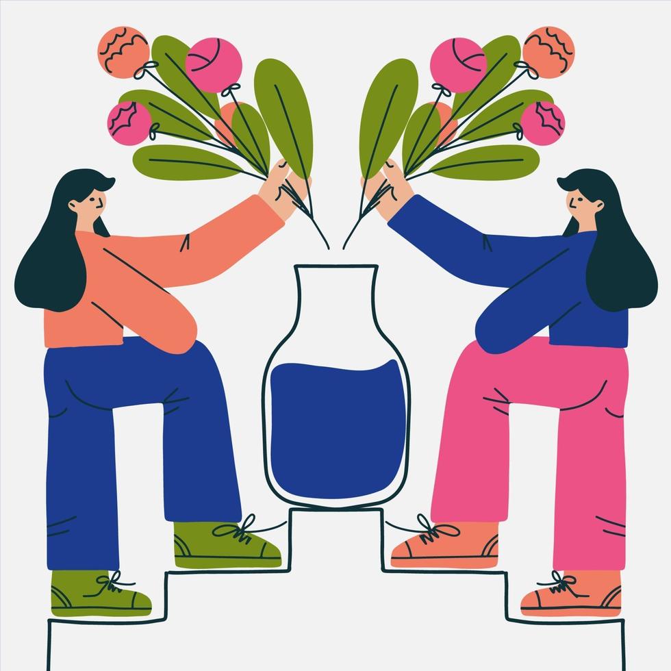 trädgårdsmästare flickor med blombukett, koncept blommor butik, flickor team vektor
