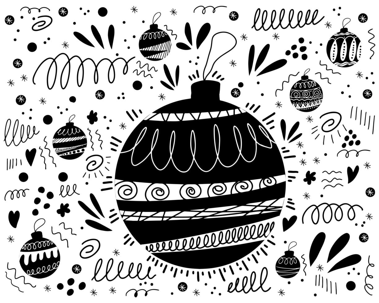 doodle bakgrund med julgransleksaker och abstrakta element vektor