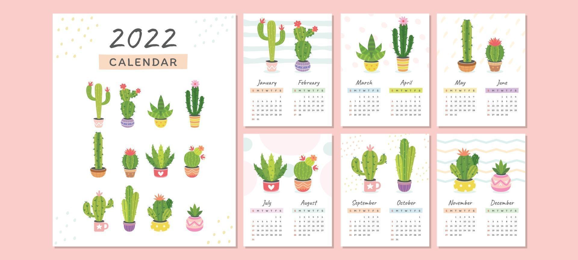 Kaktusthema Kalender 2022 Vorlage vektor