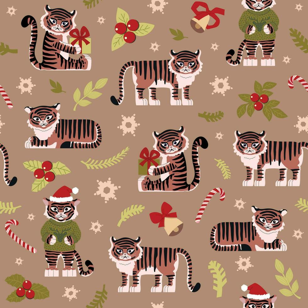 süße tiger feiern weihnachten. nahtloses muster von weihnachtssymbolen. Fichtenzweige, Schneeflocken, Glocken, Geschenke, Süßigkeiten. für Geschenkpapier, Stoff, Karten und andere Motive. Kinderillustration. vektor