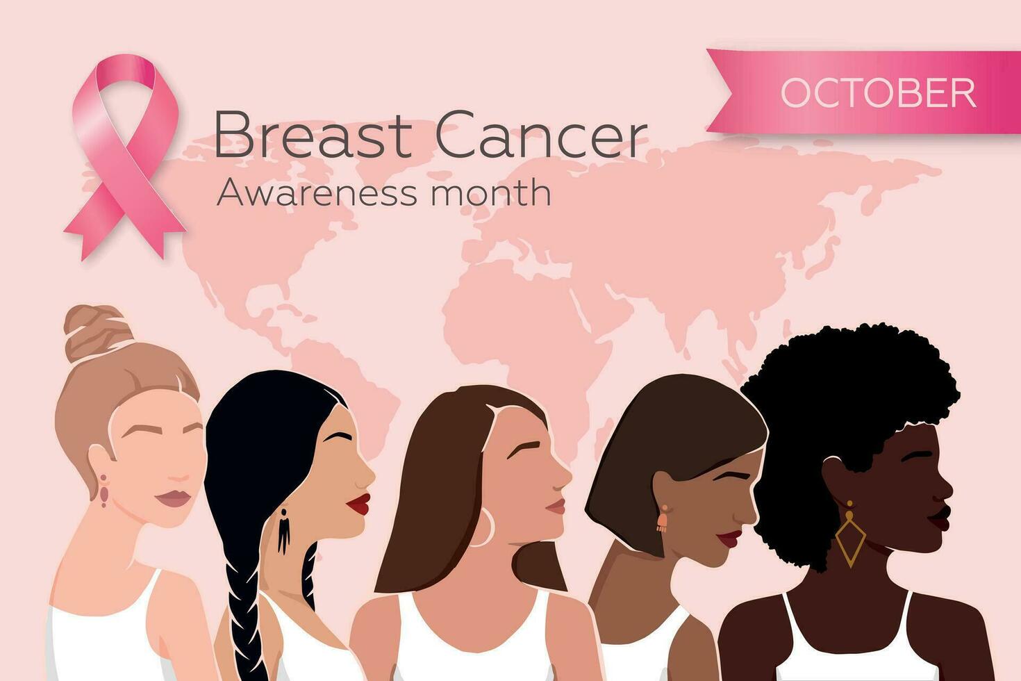 värld bröst cancer medvetenhet månad. affisch med rosa band och annorlunda kvinnor. modern vektor illustration. eps 10.