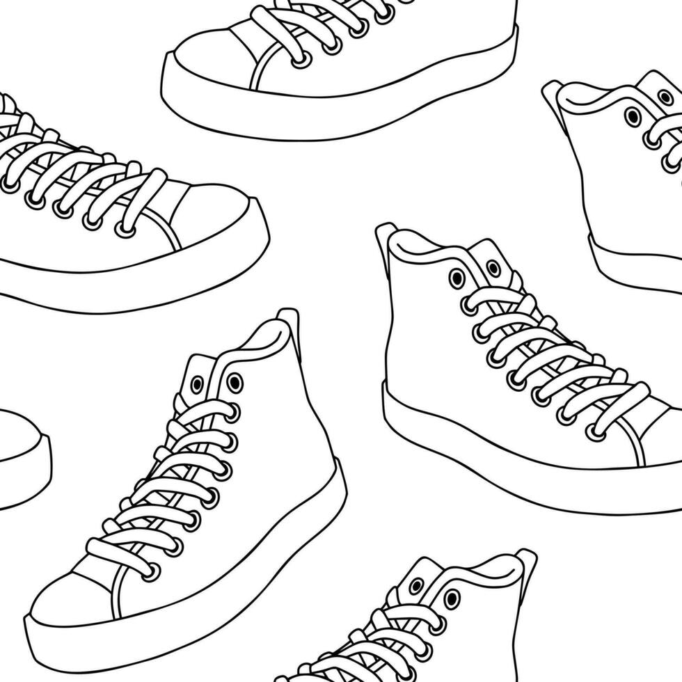 sömlös mönster med översikt sneakers. svart och vit vektor grafik.